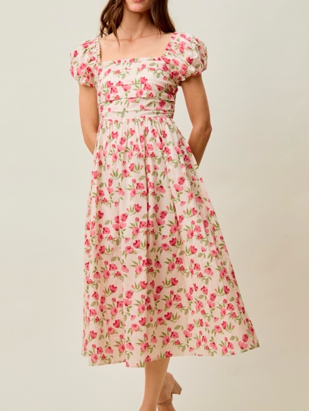 So Me Pink Floral Puff-Sleeve Midi Dress